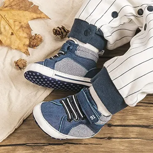 Babelvit Baby Boy Girl Soft Sole Canvas Sneakers Sparkle High Top Lace Up Infant Unisex Ankle Shoes Boots Toddler Newborn Prewalker First Baby Walking Crib Shoes - 3