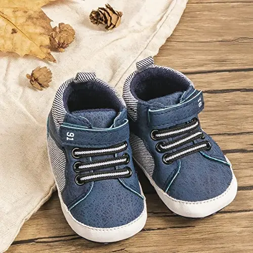 Babelvit Baby Boy Girl Soft Sole Canvas Sneakers Sparkle High Top Lace Up Infant Unisex Ankle Shoes Boots Toddler Newborn Prewalker First Baby Walking Crib Shoes - 4