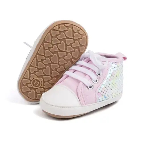 Babelvit Baby Boy Girl Soft Sole Canvas Sneakers Sparkle High Top Lace Up Infant Unisex Ankle Shoes Boots Toddler Newborn Prewalker First Baby Walking Crib Shoes - 1