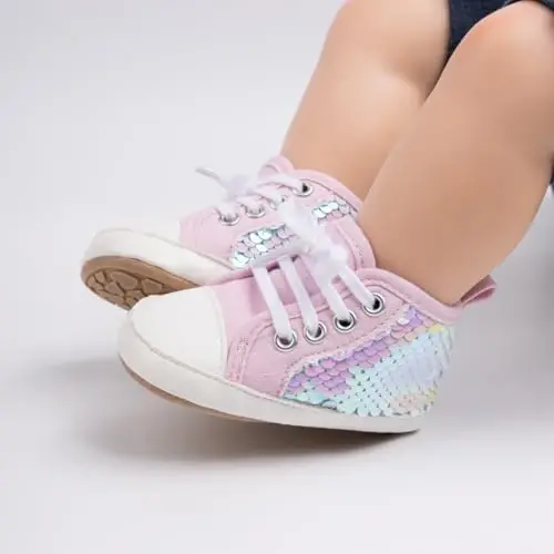 Babelvit Baby Boy Girl Soft Sole Canvas Sneakers Sparkle High Top Lace Up Infant Unisex Ankle Shoes Boots Toddler Newborn Prewalker First Baby Walking Crib Shoes - 2