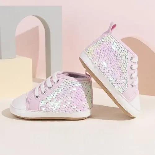 Babelvit Baby Boy Girl Soft Sole Canvas Sneakers Sparkle High Top Lace Up Infant Unisex Ankle Shoes Boots Toddler Newborn Prewalker First Baby Walking Crib Shoes - 4