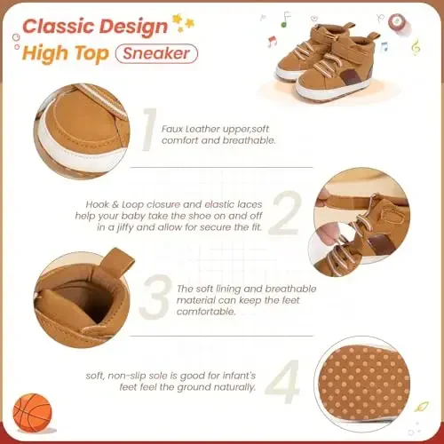 Babelvit Baby Boy Girl Soft Sole Canvas Sneakers Sparkle High Top Lace Up Infant Unisex Ankle Shoes Boots Toddler Newborn Prewalker First Baby Walking Crib Shoes - 5