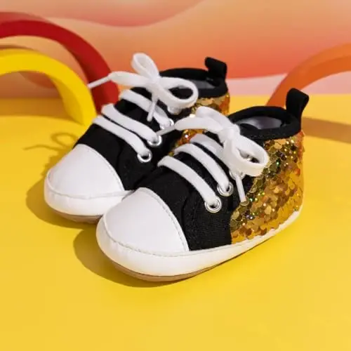 Babelvit Baby Boy Girl Soft Sole Canvas Sneakers Sparkle High Top Lace Up Infant Unisex Ankle Shoes Boots Toddler Newborn Prewalker First Baby Walking Crib Shoes - 3