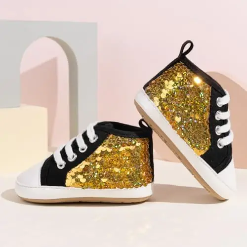 Babelvit Baby Boy Girl Soft Sole Canvas Sneakers Sparkle High Top Lace Up Infant Unisex Ankle Shoes Boots Toddler Newborn Prewalker First Baby Walking Crib Shoes - 4