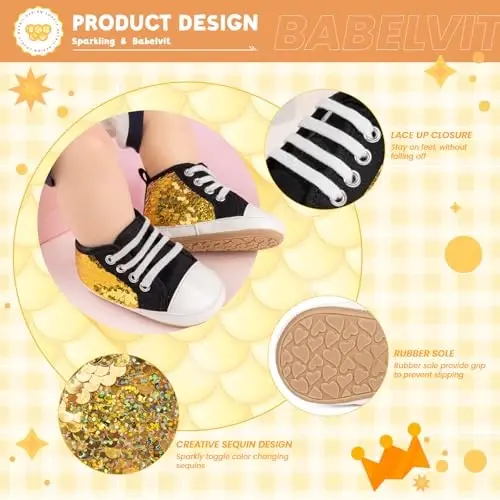 Babelvit Baby Boy Girl Soft Sole Canvas Sneakers Sparkle High Top Lace Up Infant Unisex Ankle Shoes Boots Toddler Newborn Prewalker First Baby Walking Crib Shoes - 5