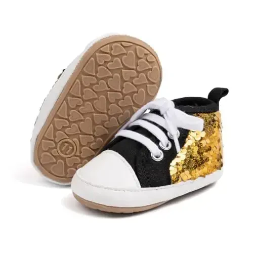 Babelvit Baby Boy Girl Soft Sole Canvas Sneakers Sparkle High Top Lace Up Infant Unisex Ankle Shoes Boots Toddler Newborn Prewalker First Baby Walking Crib Shoes - 1