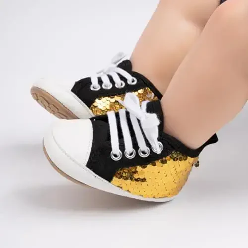 Babelvit Baby Boy Girl Soft Sole Canvas Sneakers Sparkle High Top Lace Up Infant Unisex Ankle Shoes Boots Toddler Newborn Prewalker First Baby Walking Crib Shoes - 2