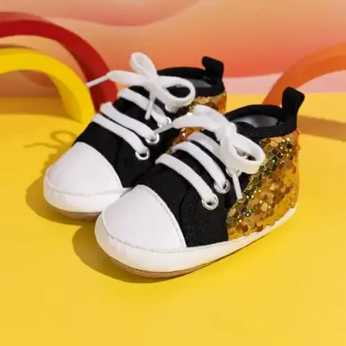 Babelvit Baby Boy Girl Soft Sole Canvas Sneakers Sparkle High Top Lace Up Infant Unisex Ankle Shoes Boots Toddler Newborn Prewalker First Baby Walking Crib Shoes - 3