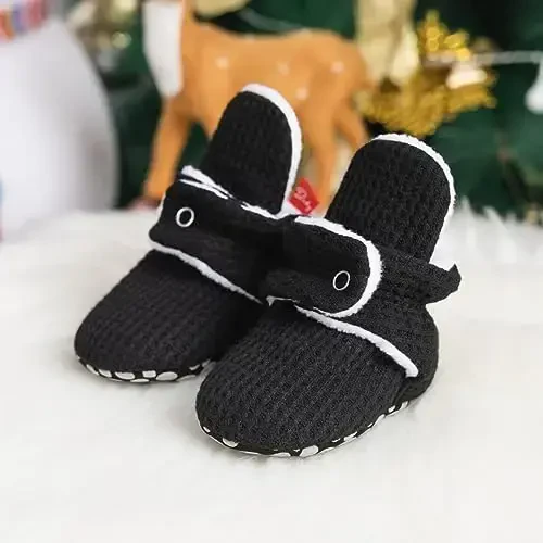 Babelvit Newborn Baby Boy Girl Soft Fleece Booties Stay On Infant Slippers Socks Shoe Non Skid Gripper Toddler First Walkers Winter Ankle Crib Shoes - 3