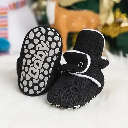 Babelvit Newborn Baby Boy Girl Soft Fleece Booties Stay On Infant Slippers Socks Shoe Non Skid Gripper Toddler First Walkers Winter Ankle Crib Shoes - 4