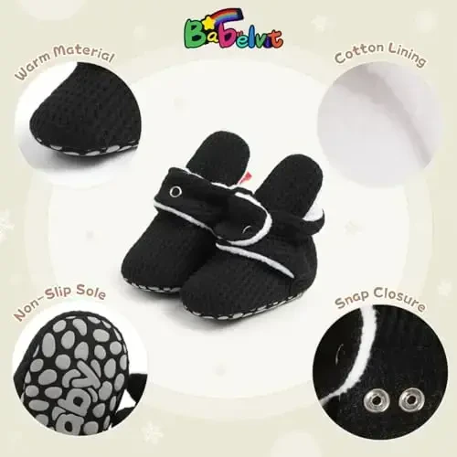 Babelvit Newborn Baby Boy Girl Soft Fleece Booties Stay On Infant Slippers Socks Shoe Non Skid Gripper Toddler First Walkers Winter Ankle Crib Shoes - 5