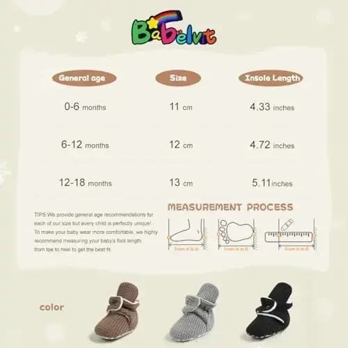 Babelvit Newborn Baby Boy Girl Soft Fleece Booties Stay On Infant Slippers Socks Shoe Non Skid Gripper Toddler First Walkers Winter Ankle Crib Shoes - 6