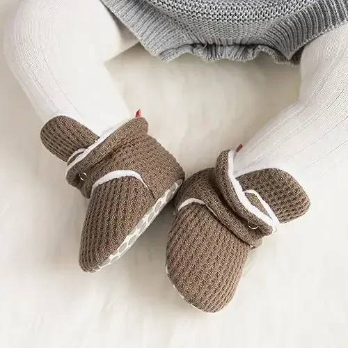 Babelvit Newborn Baby Boy Girl Soft Fleece Booties Stay On Infant Slippers Socks Shoe Non Skid Gripper Toddler First Walkers Winter Ankle Crib Shoes - 2