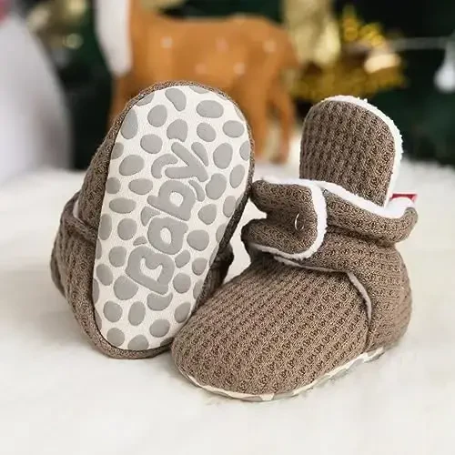 Babelvit Newborn Baby Boy Girl Soft Fleece Booties Stay On Infant Slippers Socks Shoe Non Skid Gripper Toddler First Walkers Winter Ankle Crib Shoes - 3