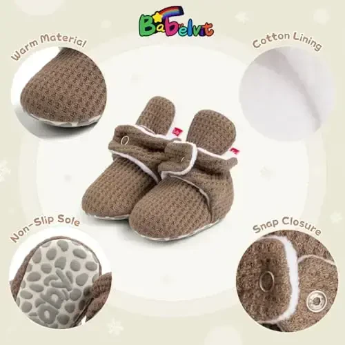 Babelvit Newborn Baby Boy Girl Soft Fleece Booties Stay On Infant Slippers Socks Shoe Non Skid Gripper Toddler First Walkers Winter Ankle Crib Shoes - 5