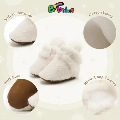 Babelvit Newborn Baby Boy Girl Soft Fleece Booties Stay On Infant Slippers Socks Shoe Non Skid Gripper Toddler First Walkers Winter Ankle Crib Shoes - 5
