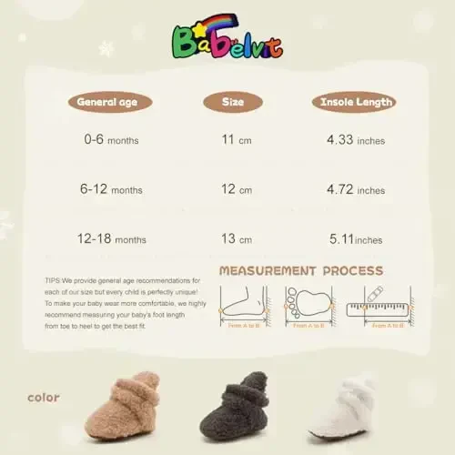 Babelvit Newborn Baby Boy Girl Soft Fleece Booties Stay On Infant Slippers Socks Shoe Non Skid Gripper Toddler First Walkers Winter Ankle Crib Shoes - 6
