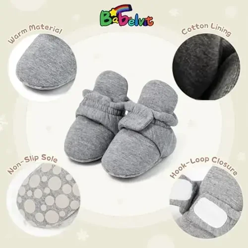 Babelvit Newborn Baby Boy Girl Soft Fleece Booties Stay On Infant Slippers Socks Shoe Non Skid Gripper Toddler First Walkers Winter Ankle Crib Shoes - 5