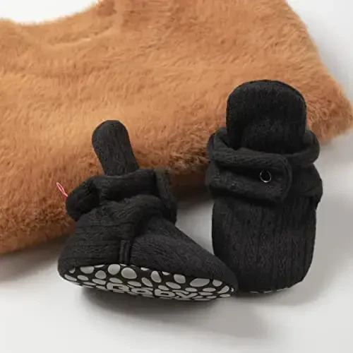 Babelvit Newborn Baby Boy Girl Soft Fleece Booties Stay On Infant Slippers Socks Shoe Non Skid Gripper Toddler First Walkers Winter Ankle Crib Shoes - 4