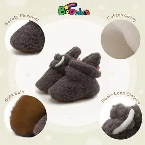 Babelvit Newborn Baby Boy Girl Soft Fleece Booties Stay On Infant Slippers Socks Shoe Non Skid Gripper Toddler First Walkers Winter Ankle Crib Shoes - 5