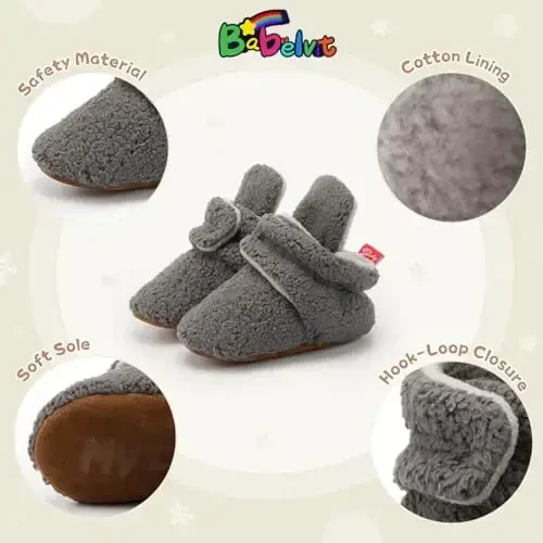 Babelvit Newborn Baby Boy Girl Soft Fleece Booties Stay On Infant Slippers Socks Shoe Non Skid Gripper Toddler First Walkers Winter Ankle Crib Shoes - 5