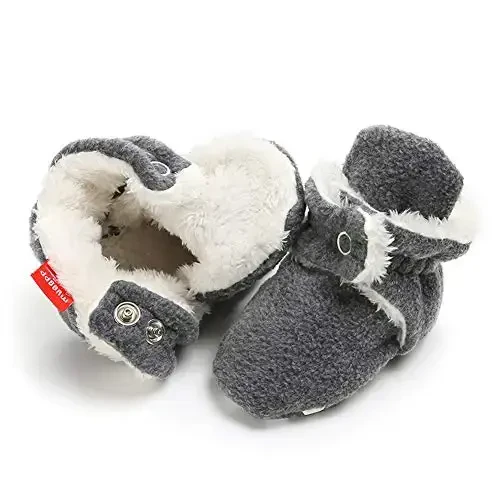 Babelvit Newborn Baby Boy Girl Soft Fleece Booties Stay On Infant Slippers Socks Shoe Non Skid Gripper Toddler First Walkers Winter Ankle Crib Shoes - 4