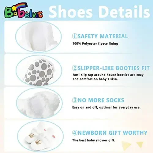 Babelvit Newborn Baby Boy Girl Soft Fleece Booties Stay On Infant Slippers Socks Shoe Non Skid Gripper Toddler First Walkers Winter Ankle Crib Shoes - 5