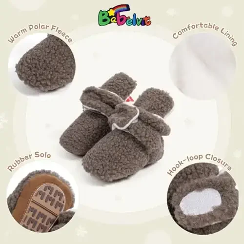 Babelvit Newborn Baby Boy Girl Soft Fleece Booties Stay On Infant Slippers Socks Shoe Non Skid Gripper Toddler First Walkers Winter Ankle Crib Shoes - 5