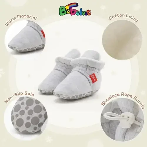 Babelvit Newborn Baby Boy Girl Soft Fleece Booties Stay On Infant Slippers Socks Shoe Non Skid Gripper Toddler First Walkers Winter Ankle Crib Shoes - 5