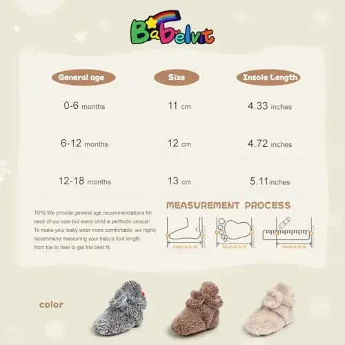 Babelvit Newborn Baby Boy Girl Soft Fleece Booties Stay On Infant Slippers Socks Shoe Non Skid Gripper Toddler First Walkers Winter Ankle Crib Shoes - 6