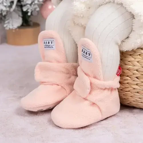 Babelvit Newborn Baby Boy Girl Soft Fleece Booties Stay On Infant Slippers Socks Shoe Non Skid Gripper Toddler First Walkers Winter Ankle Crib Shoes - 2