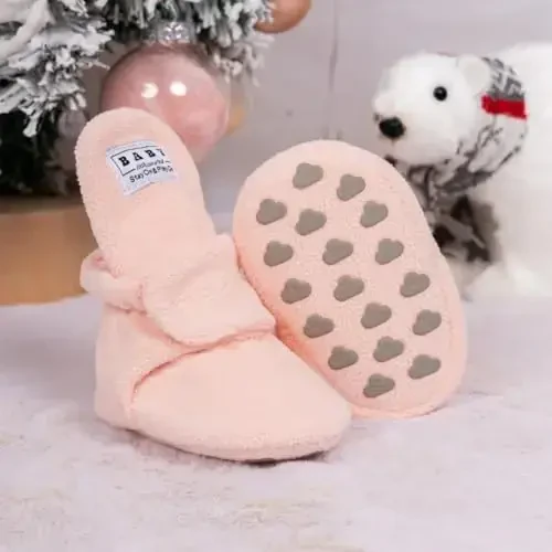 Babelvit Newborn Baby Boy Girl Soft Fleece Booties Stay On Infant Slippers Socks Shoe Non Skid Gripper Toddler First Walkers Winter Ankle Crib Shoes - 3