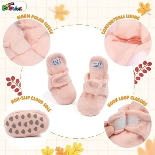 Babelvit Newborn Baby Boy Girl Soft Fleece Booties Stay On Infant Slippers Socks Shoe Non Skid Gripper Toddler First Walkers Winter Ankle Crib Shoes - 5