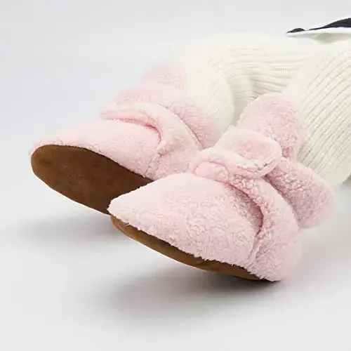 Babelvit Newborn Baby Boy Girl Soft Fleece Booties Stay On Infant Slippers Socks Shoe Non Skid Gripper Toddler First Walkers Winter Ankle Crib Shoes - 3