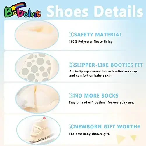 Babelvit Newborn Baby Boy Girl Soft Fleece Booties Stay On Infant Slippers Socks Shoe Non Skid Gripper Toddler First Walkers Winter Ankle Crib Shoes - 5