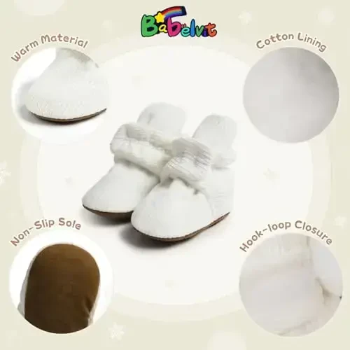 Babelvit Newborn Baby Boy Girl Soft Fleece Booties Stay On Infant Slippers Socks Shoe Non Skid Gripper Toddler First Walkers Winter Ankle Crib Shoes - 5
