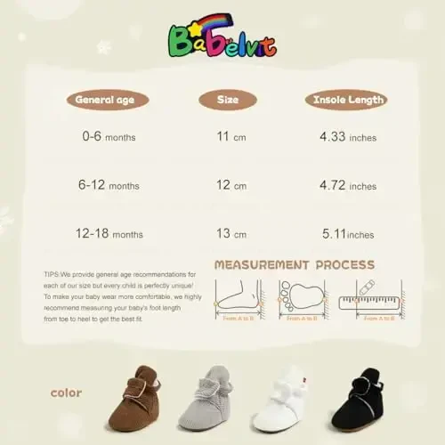 Babelvit Newborn Baby Boy Girl Soft Fleece Booties Stay On Infant Slippers Socks Shoe Non Skid Gripper Toddler First Walkers Winter Ankle Crib Shoes - 6