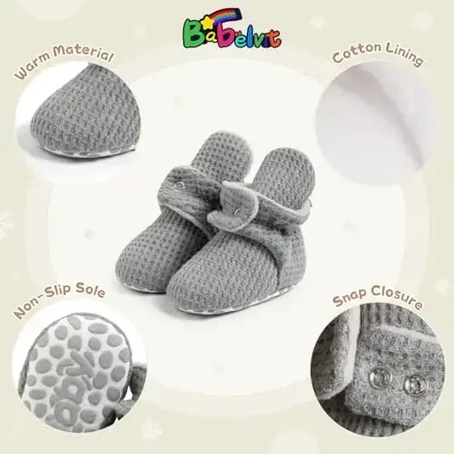 Babelvit Newborn Baby Boy Girl Soft Fleece Booties Stay On Infant Slippers Socks Shoe Non Skid Gripper Toddler First Walkers Winter Ankle Crib Shoes - 5