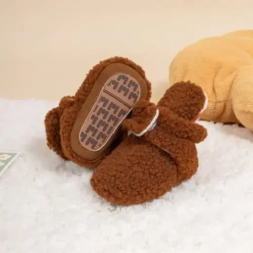 Babelvit Newborn Baby Boy Girl Soft Fleece Booties Stay On Infant Slippers Socks Shoe Non Skid Gripper Toddler First Walkers Winter Ankle Crib Shoes - 3