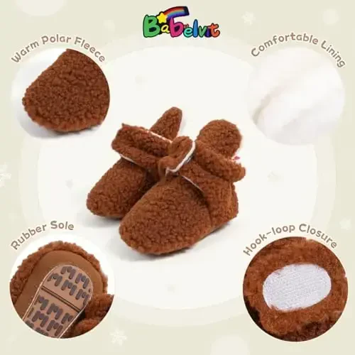 Babelvit Newborn Baby Boy Girl Soft Fleece Booties Stay On Infant Slippers Socks Shoe Non Skid Gripper Toddler First Walkers Winter Ankle Crib Shoes - 5