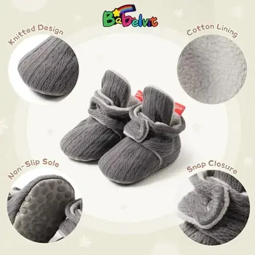 Babelvit Newborn Baby Boy Girl Soft Fleece Booties Stay On Infant Slippers Socks Shoe Non Skid Gripper Toddler First Walkers Winter Ankle Crib Shoes - 5