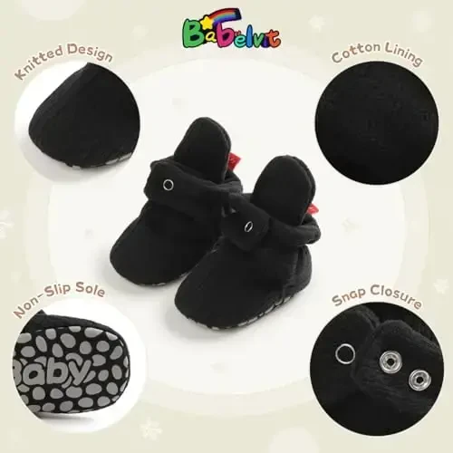 Babelvit Newborn Baby Boy Girl Soft Fleece Booties Stay On Infant Slippers Socks Shoe Non Skid Gripper Toddler First Walkers Winter Ankle Crib Shoes - 6