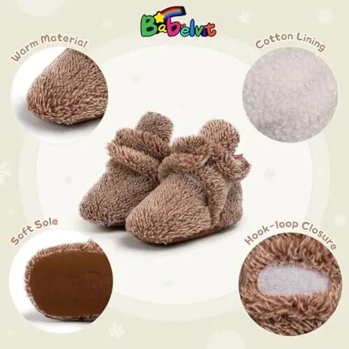 Babelvit Newborn Baby Boy Girl Soft Fleece Booties Stay On Infant Slippers Socks Shoe Non Skid Gripper Toddler First Walkers Winter Ankle Crib Shoes - 5