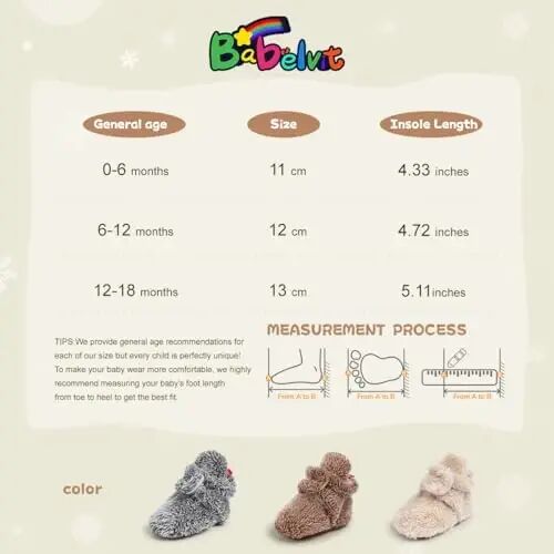 Babelvit Newborn Baby Boy Girl Soft Fleece Booties Stay On Infant Slippers Socks Shoe Non Skid Gripper Toddler First Walkers Winter Ankle Crib Shoes - 6