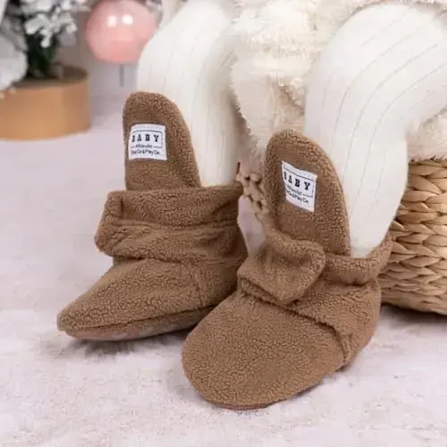 Babelvit Newborn Baby Boy Girl Soft Fleece Booties Stay On Infant Slippers Socks Shoe Non Skid Gripper Toddler First Walkers Winter Ankle Crib Shoes - 2