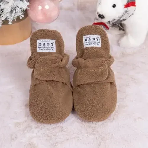 Babelvit Newborn Baby Boy Girl Soft Fleece Booties Stay On Infant Slippers Socks Shoe Non Skid Gripper Toddler First Walkers Winter Ankle Crib Shoes - 4