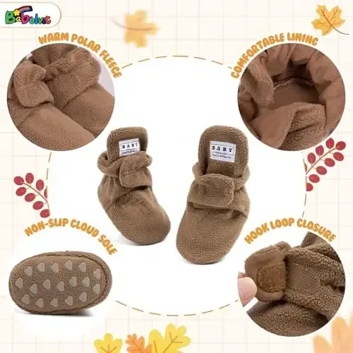 Babelvit Newborn Baby Boy Girl Soft Fleece Booties Stay On Infant Slippers Socks Shoe Non Skid Gripper Toddler First Walkers Winter Ankle Crib Shoes - 5