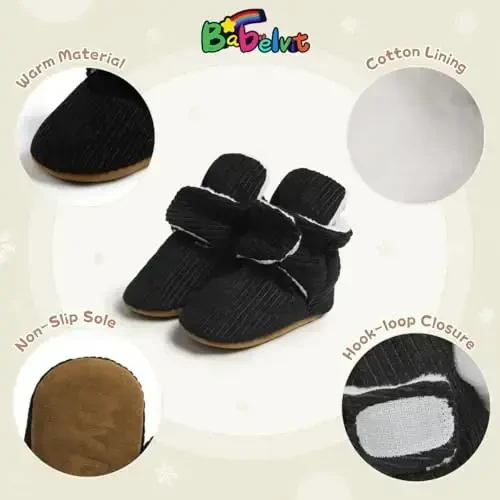Babelvit Newborn Baby Boy Girl Soft Fleece Booties Stay On Infant Slippers Socks Shoe Non Skid Gripper Toddler First Walkers Winter Ankle Crib Shoes - 5