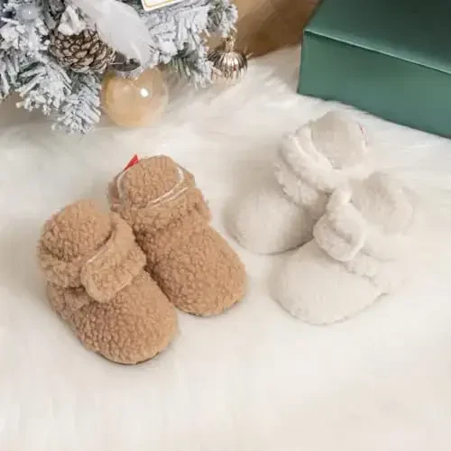 Babelvit Newborn Baby Boy Girl Soft Fleece Booties Stay On Infant Slippers Socks Shoe Non Skid Gripper Toddler First Walkers Winter Ankle Crib Shoes - 3