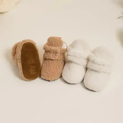 Babelvit Newborn Baby Boy Girl Soft Fleece Booties Stay On Infant Slippers Socks Shoe Non Skid Gripper Toddler First Walkers Winter Ankle Crib Shoes - 4